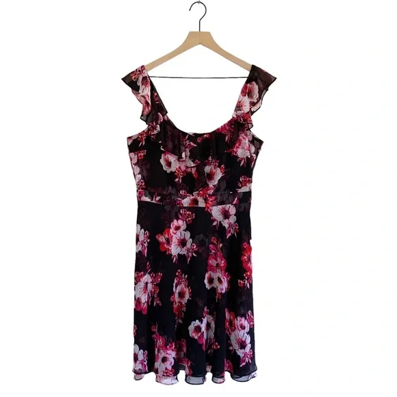 WHBM Black Floral Ruffle Midi Dress - Picture 2 of 11